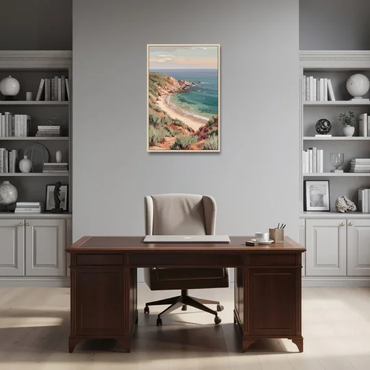 Impressionist Beach Painting of a Clifftop Cove - Oak Framed Canvas Wall Art - Office - 24x36