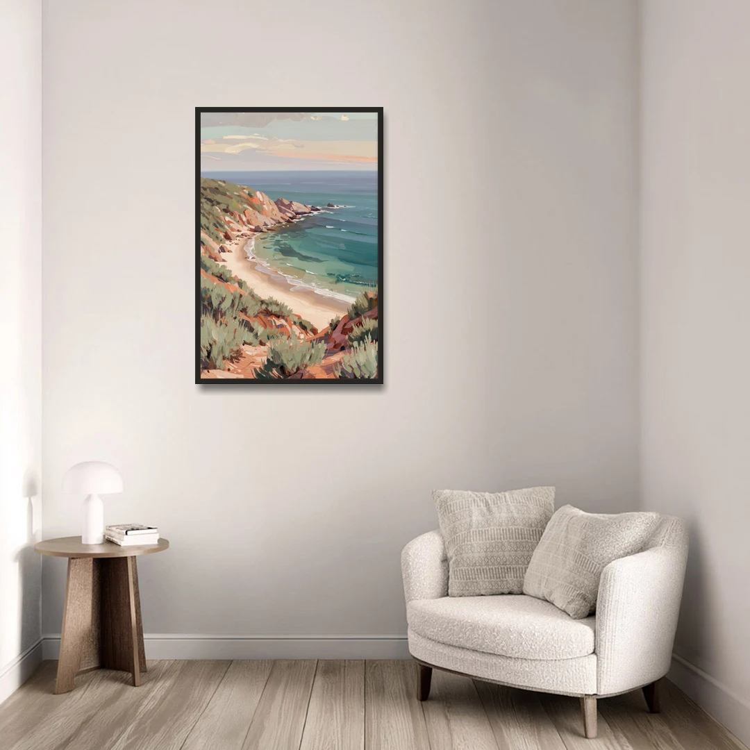 Impressionist Beach Painting of a Clifftop Cove - Black Framed Canvas Wall Art - Sofa - 24x36