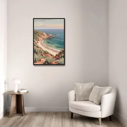 Impressionist Beach Painting of a Clifftop Cove - Black Framed Canvas Wall Art - Sofa - 24x36