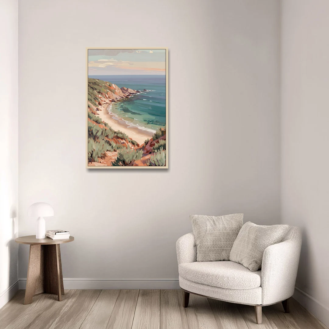 Impressionist Beach Painting of a Clifftop Cove - Oak Framed Canvas Wall Art - Sofa - 24x36