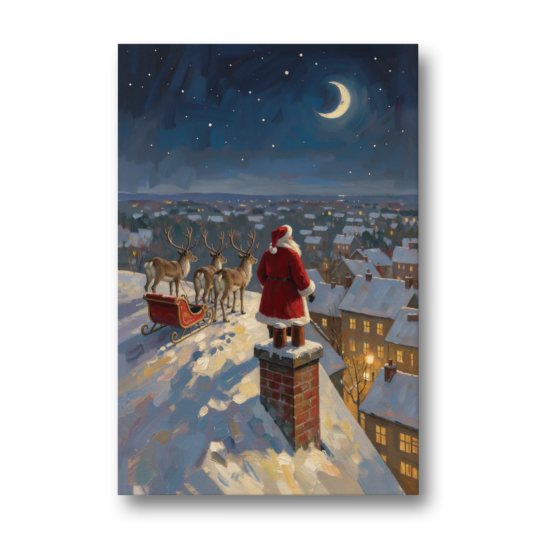 Impressionist Christmas Painting of Santa on the Rooftop - Canvas Wall Art - Front