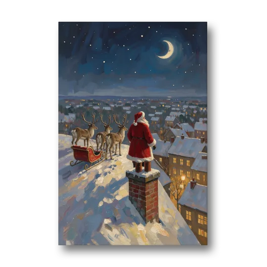 Impressionist Christmas Painting of Santa on the Rooftop - Canvas Wall Art - Front