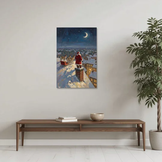 Impressionist Christmas Painting of Santa on the Rooftop - Canvas Wall Art - Coffee Table - 24x36
