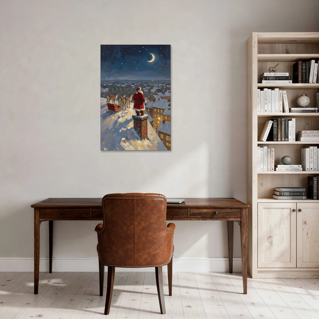 Impressionist Christmas Painting of Santa on the Rooftop - Canvas Wall Art - Office - 24x36