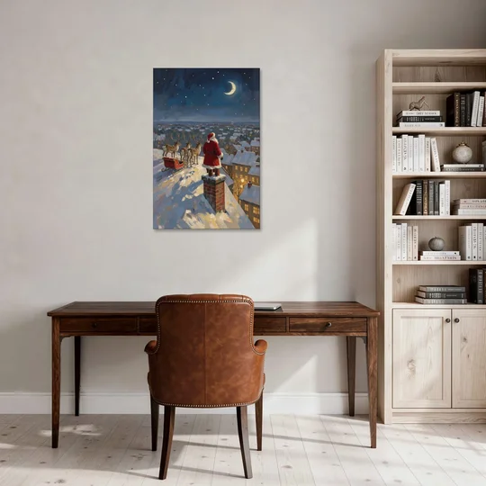 Impressionist Christmas Painting of Santa on the Rooftop - Canvas Wall Art - Office - 24x36