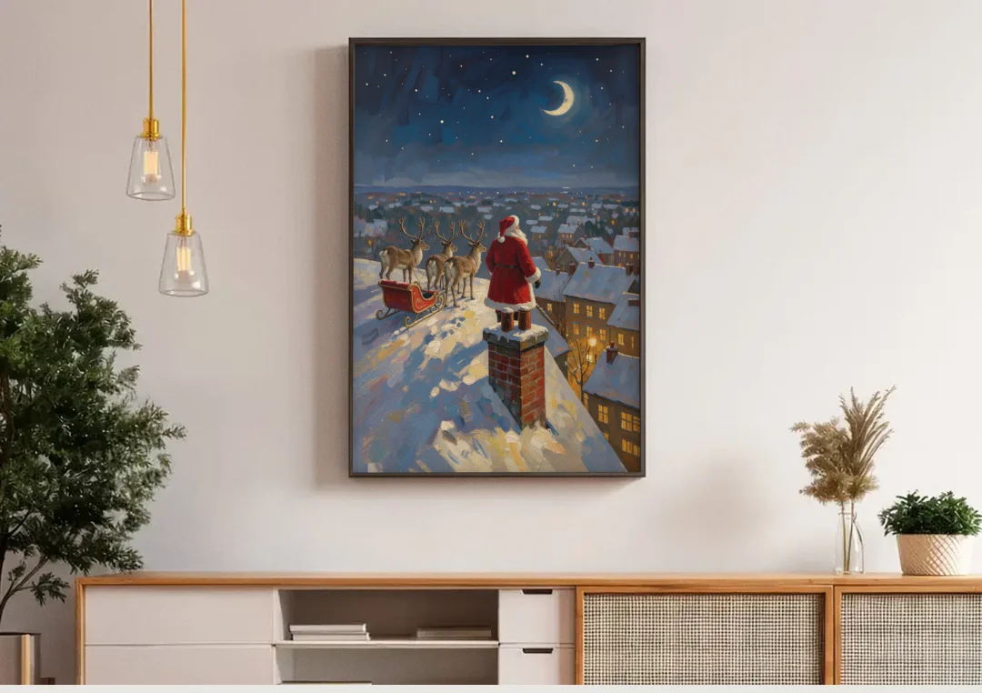 Impressionist Christmas Painting of Santa on the Rooftop canvas wall art above a wooden sideboard under pendant lights