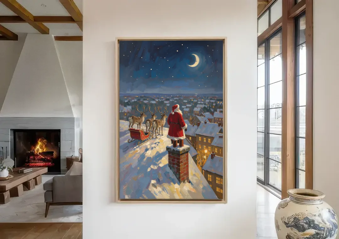 Impressionist Christmas Painting of Santa on the Rooftop canvas wall art in a living room with a fireplace
