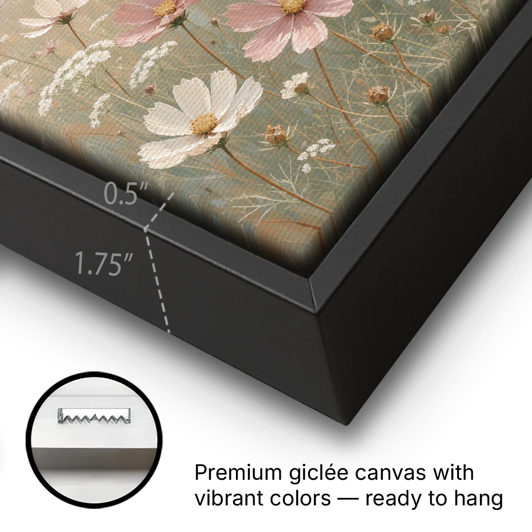 Impressionist Flower Painting of a Cosmos Meadow - Black Framed Canvas Wall Art - Gallery Wrap Corner