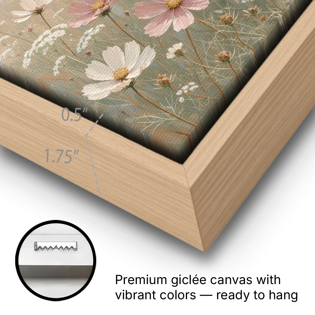 Impressionist Flower Painting of a Cosmos Meadow - Oak Framed Canvas Wall Art - Gallery Wrap Corner