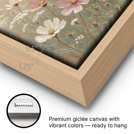 Impressionist Flower Painting of a Cosmos Meadow - Oak Framed Canvas Wall Art - Gallery Wrap Corner
