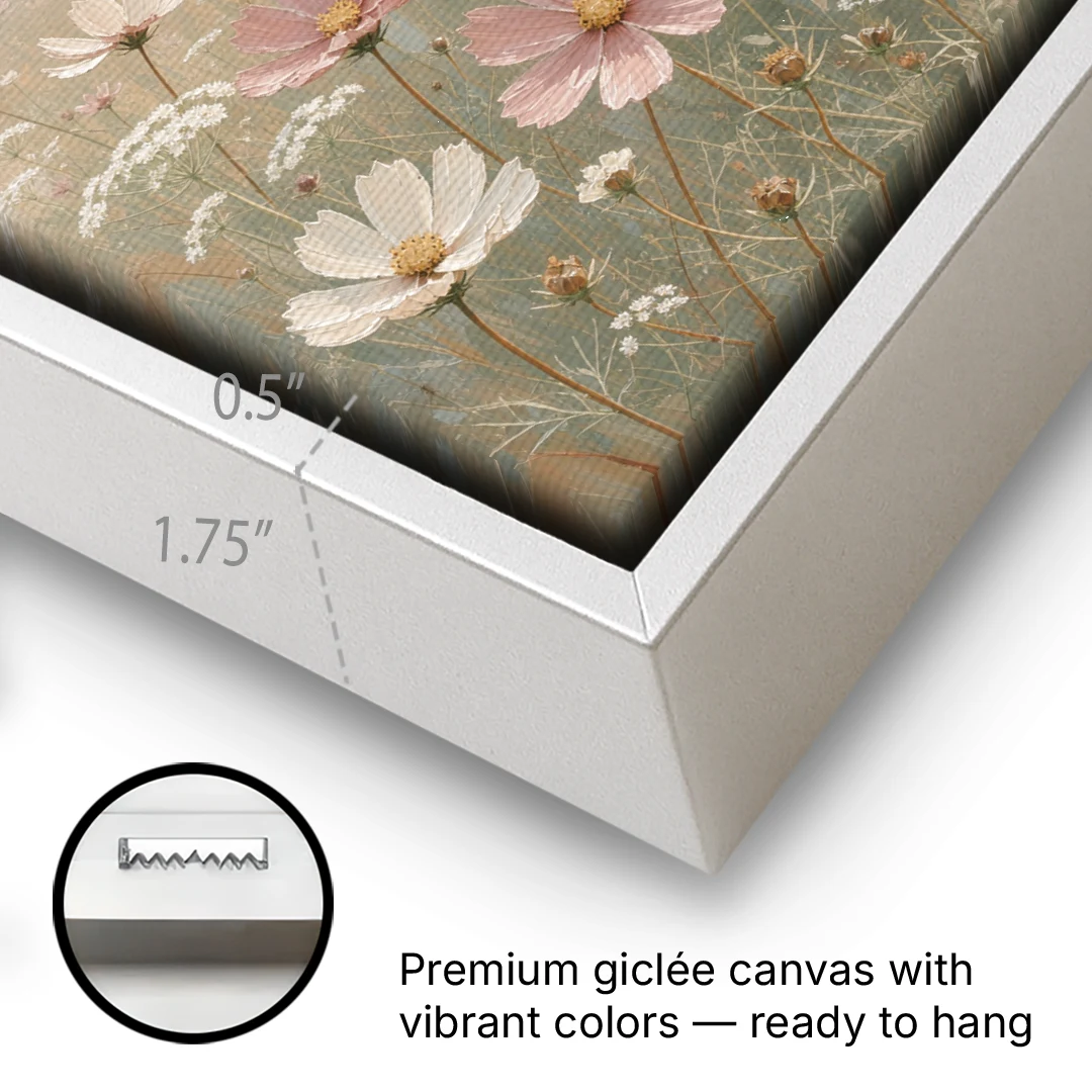 Impressionist Flower Painting of a Cosmos Meadow - White Framed Canvas Wall Art - Gallery Wrap Corner