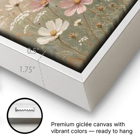 Impressionist Flower Painting of a Cosmos Meadow - White Framed Canvas Wall Art - Gallery Wrap Corner