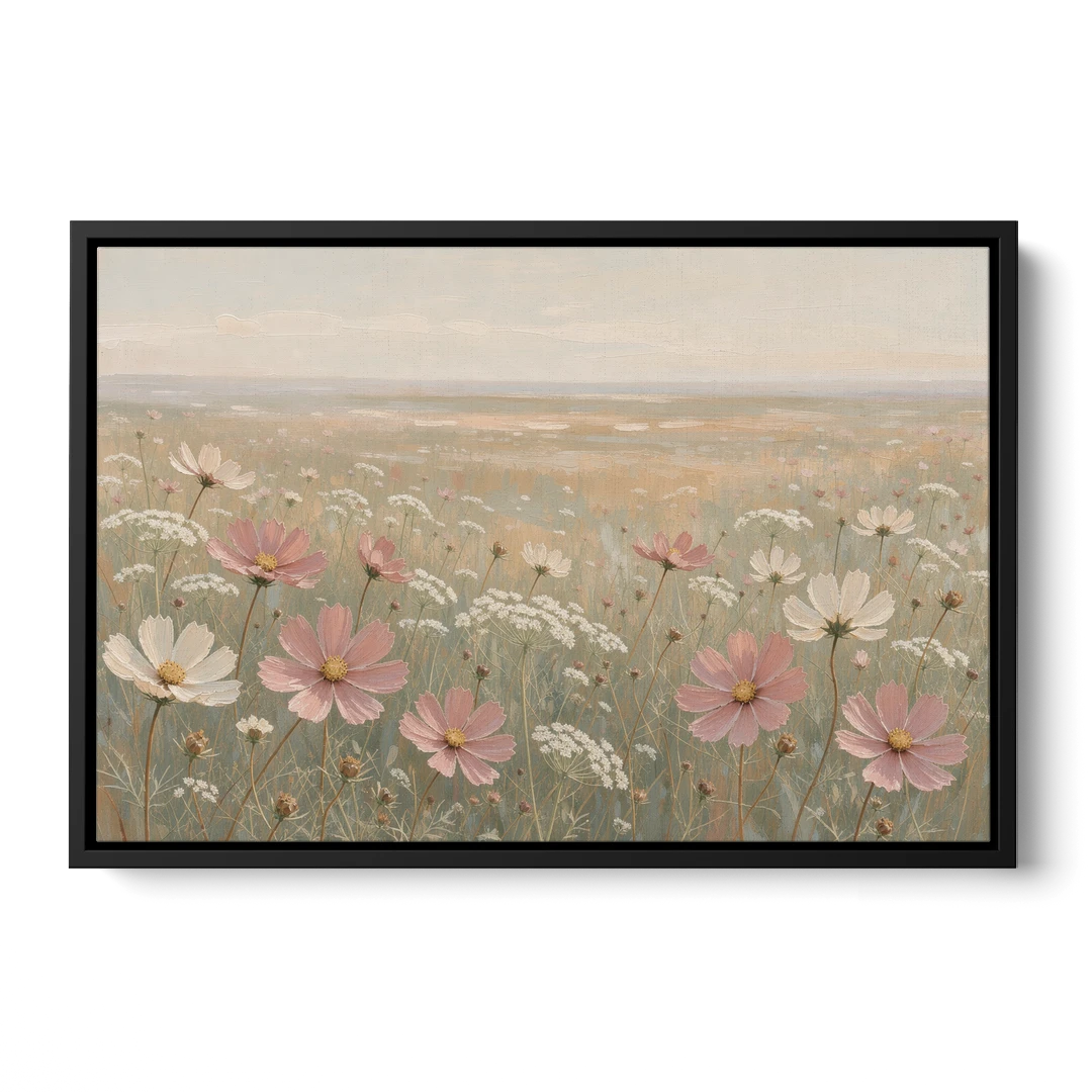Impressionist Flower Painting of a Cosmos Meadow - Black Framed Canvas Wall Art - Front