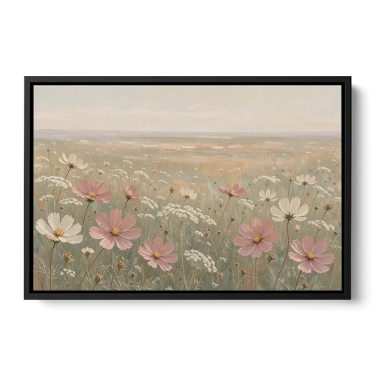 Impressionist Flower Painting of a Cosmos Meadow - Black Framed Canvas Wall Art - Front