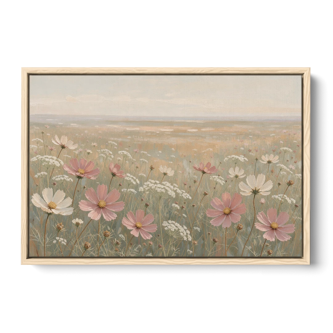 Impressionist Flower Painting of a Cosmos Meadow - Oak Framed Canvas Wall Art - Front