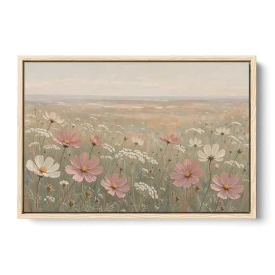Impressionist Flower Painting of a Cosmos Meadow - Oak Framed Canvas Wall Art - Front