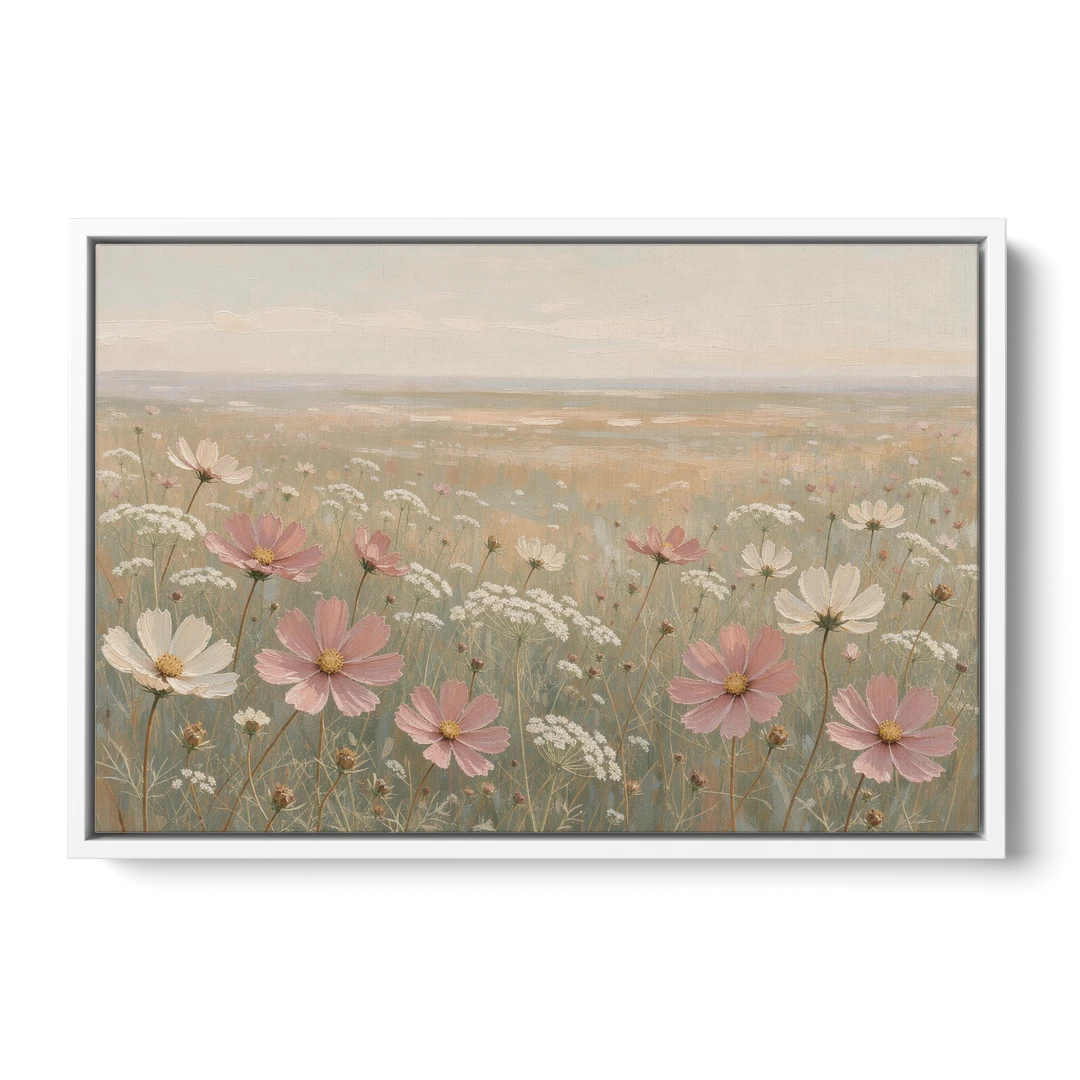 Impressionist Flower Painting of a Cosmos Meadow - White Framed Canvas Wall Art - Front