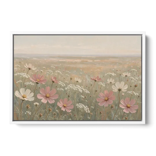 Impressionist Flower Painting of a Cosmos Meadow - White Framed Canvas Wall Art - Front