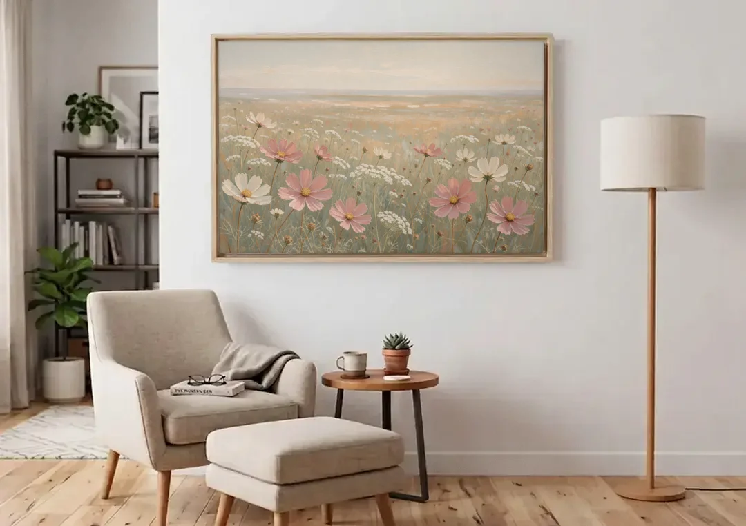 Impressionist Flower Painting of a Cosmos Meadow canvas wall art above an armchair in a bright living room