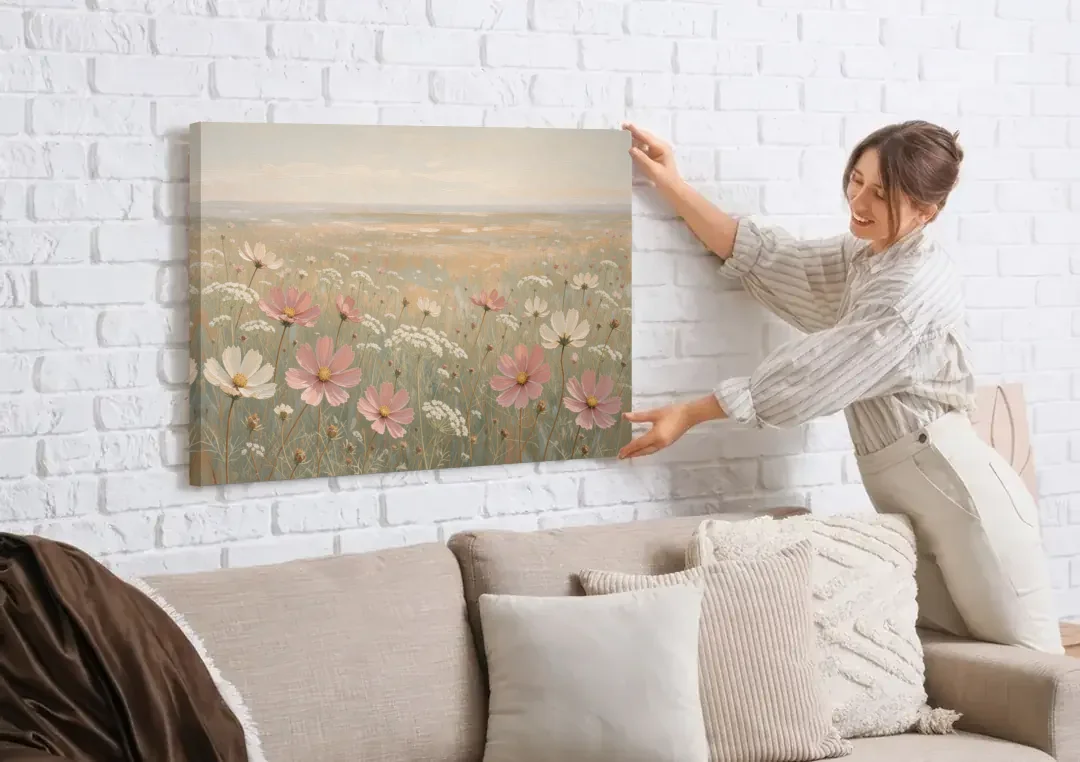 Impressionist Flower Painting of a Cosmos Meadow canvas wall art being hung on a white brick wall above a sofa