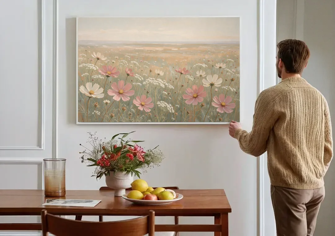 Impressionist Flower Painting of a Cosmos Meadow canvas wall art above a dining table