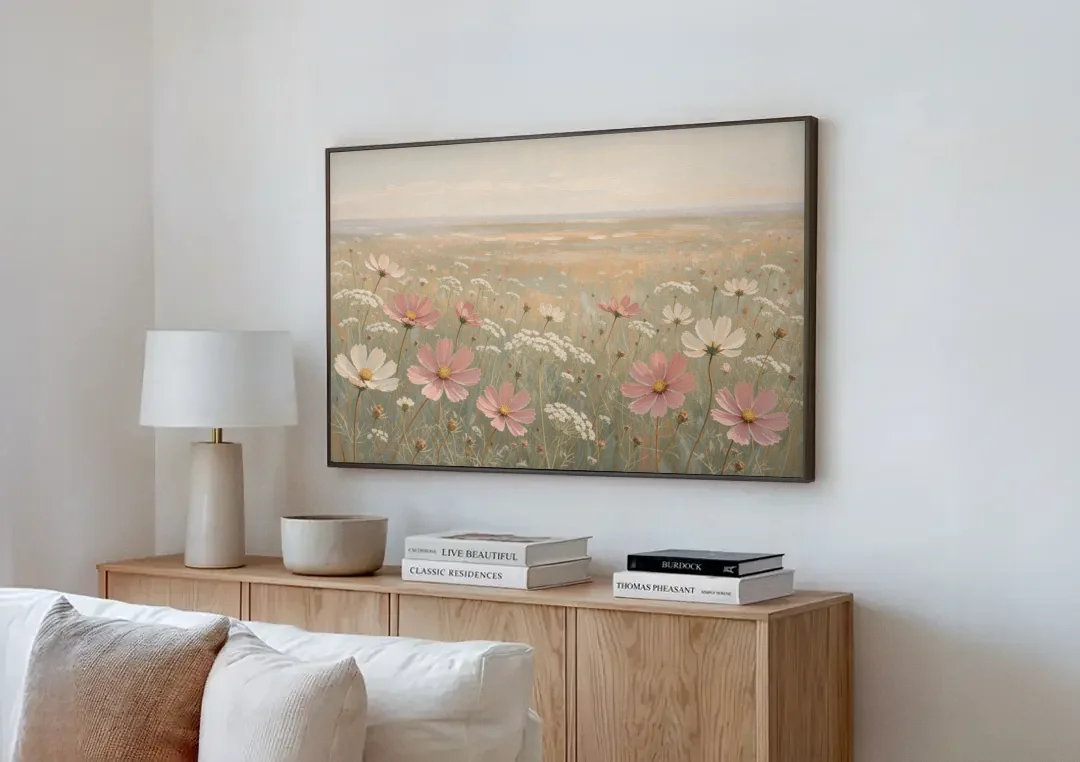 Impressionist Flower Painting of a Cosmos Meadow canvas wall art above a wooden sideboard next to a sofa