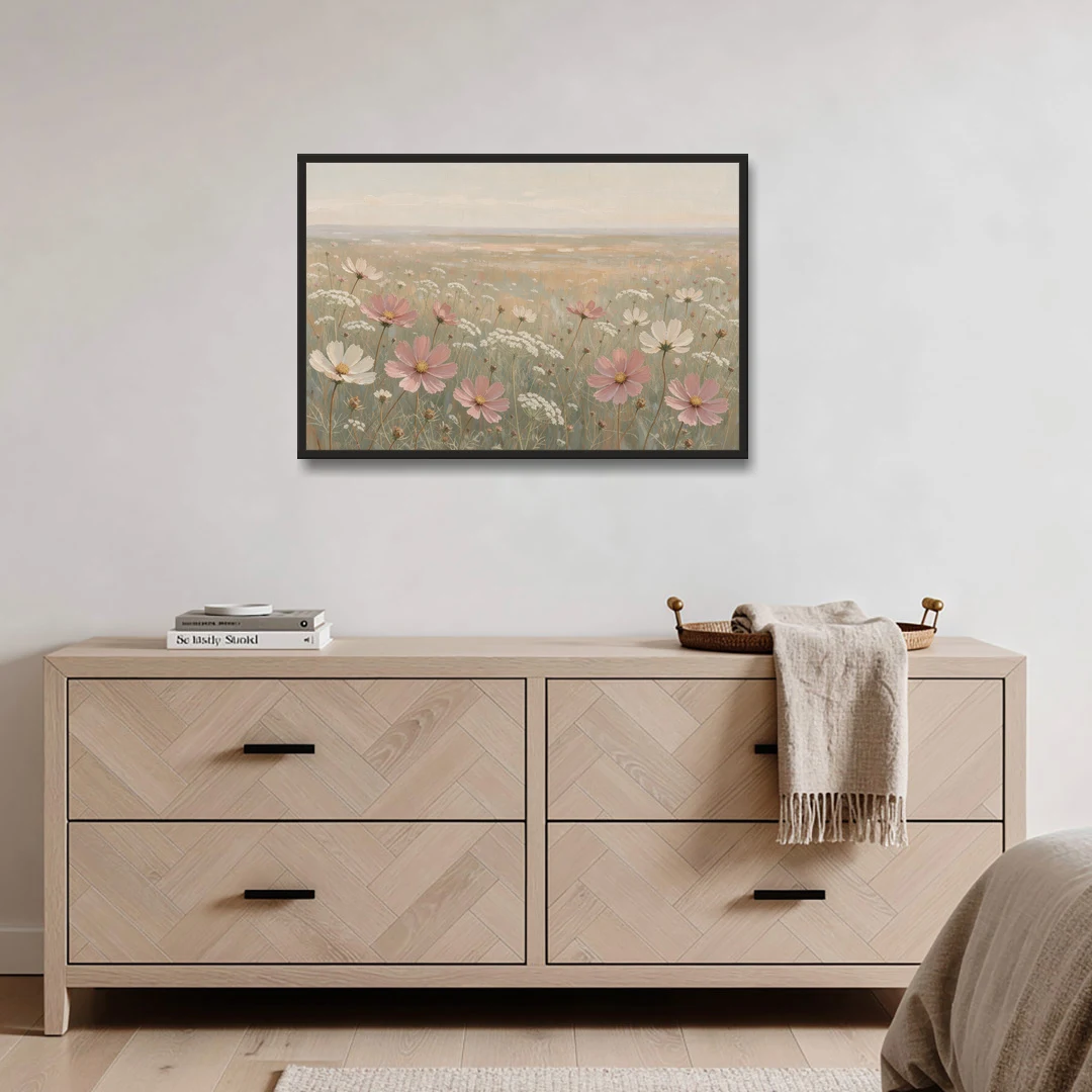Impressionist Flower Painting of a Cosmos Meadow - Black Framed Canvas Wall Art - Coffee Table - 36x24