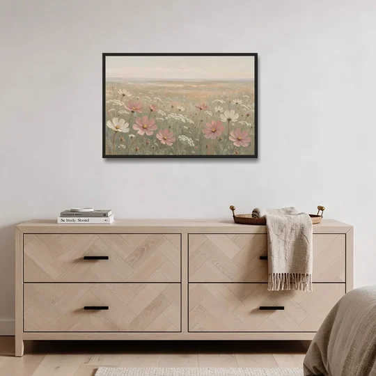 Impressionist Flower Painting of a Cosmos Meadow - Black Framed Canvas Wall Art - Coffee Table - 36x24