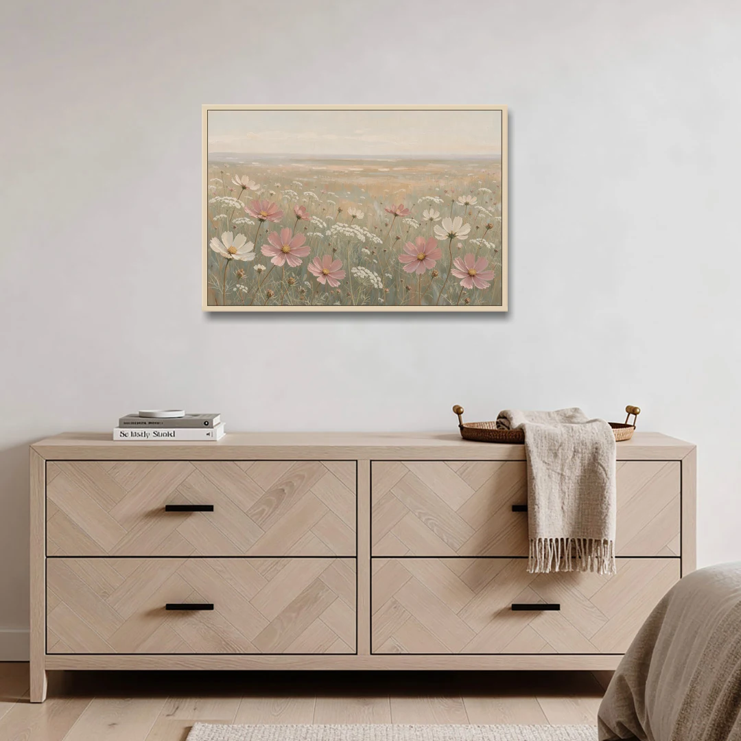 Impressionist Flower Painting of a Cosmos Meadow - Oak Framed Canvas Wall Art - Coffee Table - 36x24