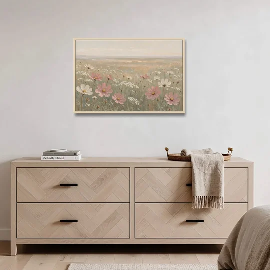 Impressionist Flower Painting of a Cosmos Meadow - Oak Framed Canvas Wall Art - Coffee Table - 36x24