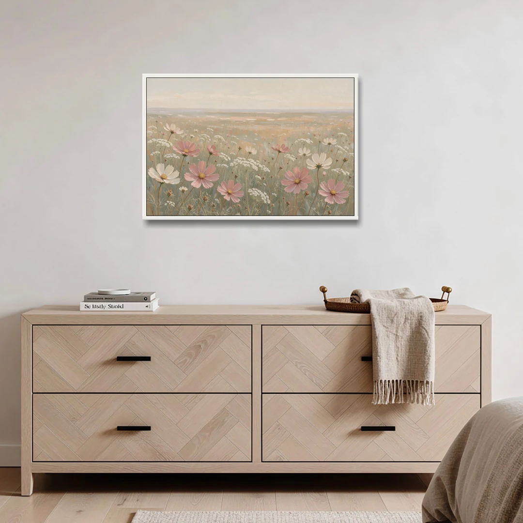 Impressionist Flower Painting of a Cosmos Meadow - White Framed Canvas Wall Art - Coffee Table - 36x24