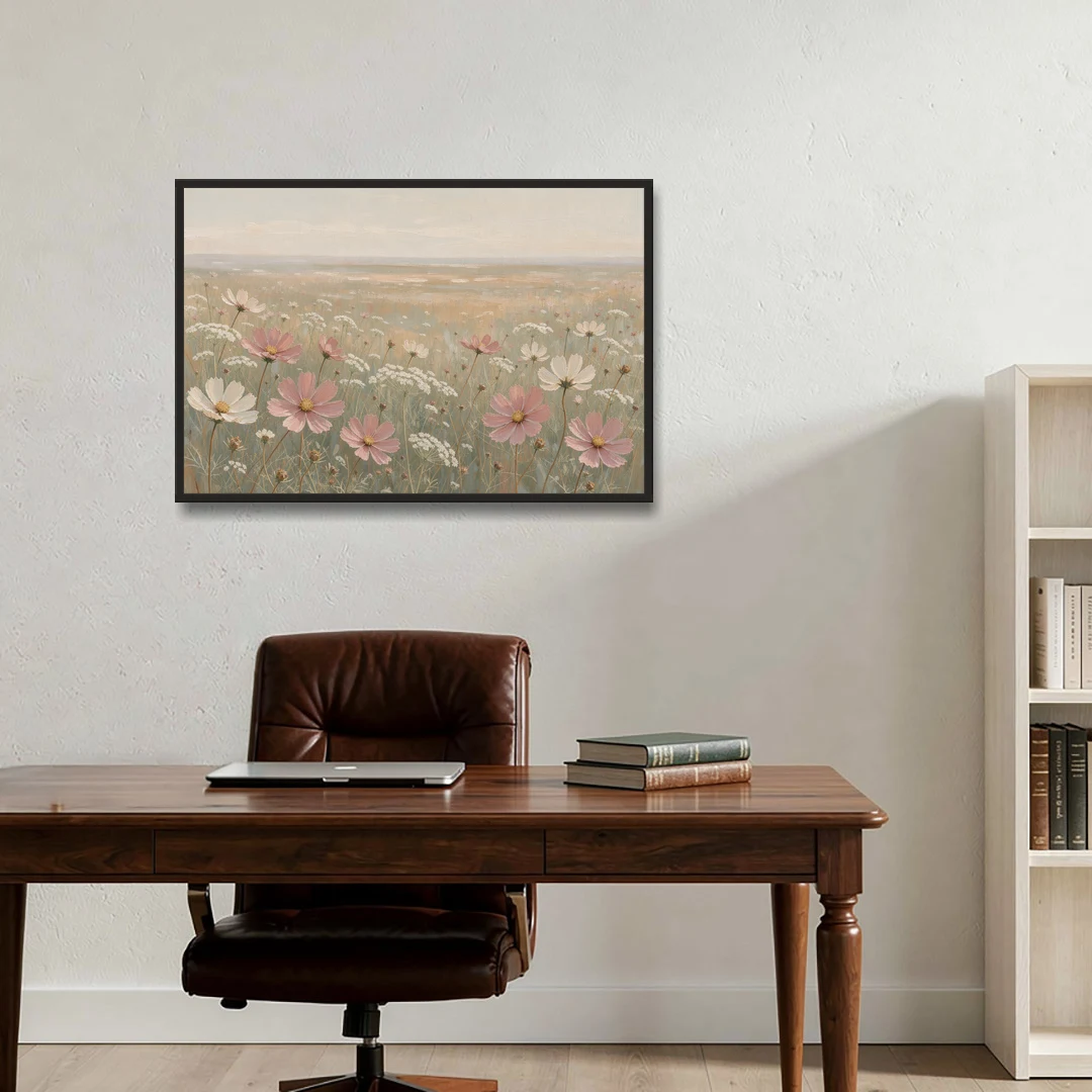 Impressionist Flower Painting of a Cosmos Meadow - Black Framed Canvas Wall Art - Office - 36x24