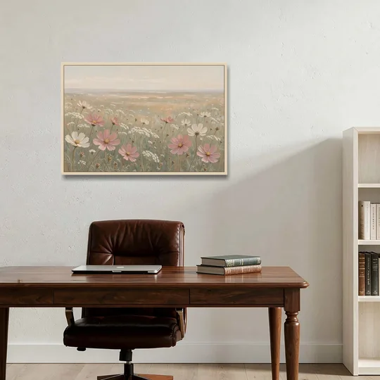 Impressionist Flower Painting of a Cosmos Meadow - Oak Framed Canvas Wall Art - Office - 36x24