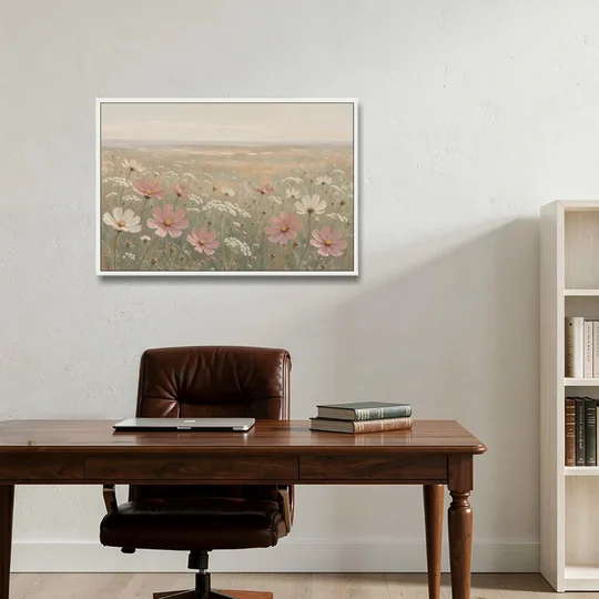 Impressionist Flower Painting of a Cosmos Meadow - White Framed Canvas Wall Art - Office - 36x24