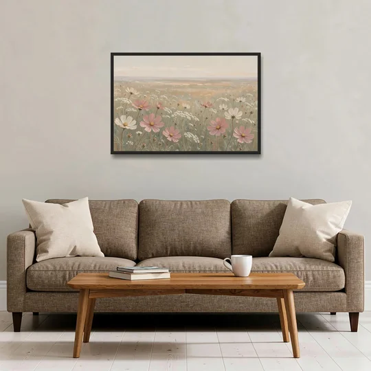 Impressionist Flower Painting of a Cosmos Meadow - Black Framed Canvas Wall Art - Sofa - 36x24