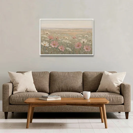 Impressionist Flower Painting of a Cosmos Meadow - White Framed Canvas Wall Art - Sofa - 36x24