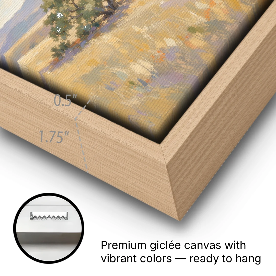 Impressionist Landscape Painting with Golden Oak Hills - Oak Framed Canvas Wall Art - Gallery Wrap Corner