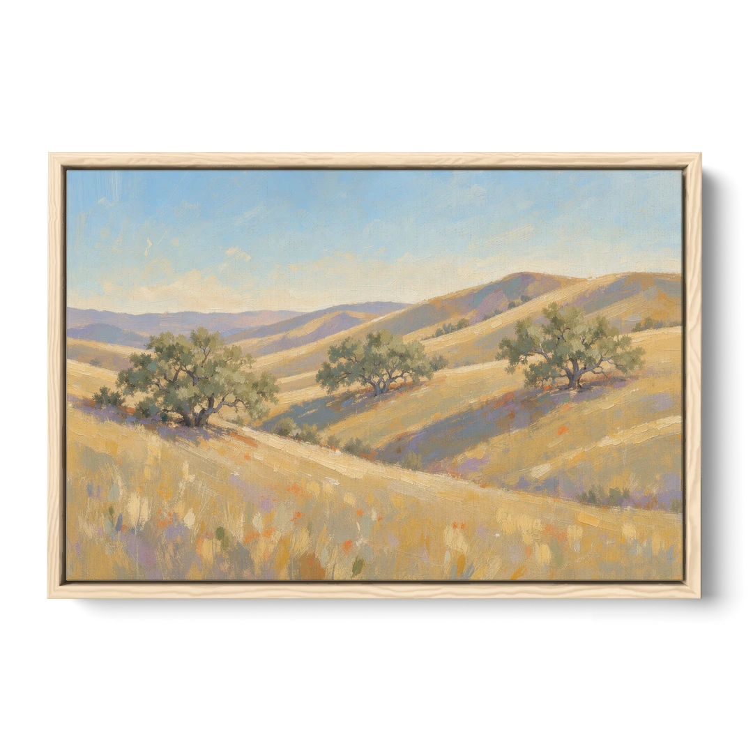 Impressionist Landscape Painting with Golden Oak Hills - Oak Framed Canvas Wall Art - Front