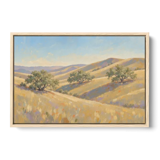 Impressionist Landscape Painting with Golden Oak Hills - Oak Framed Canvas Wall Art - Front