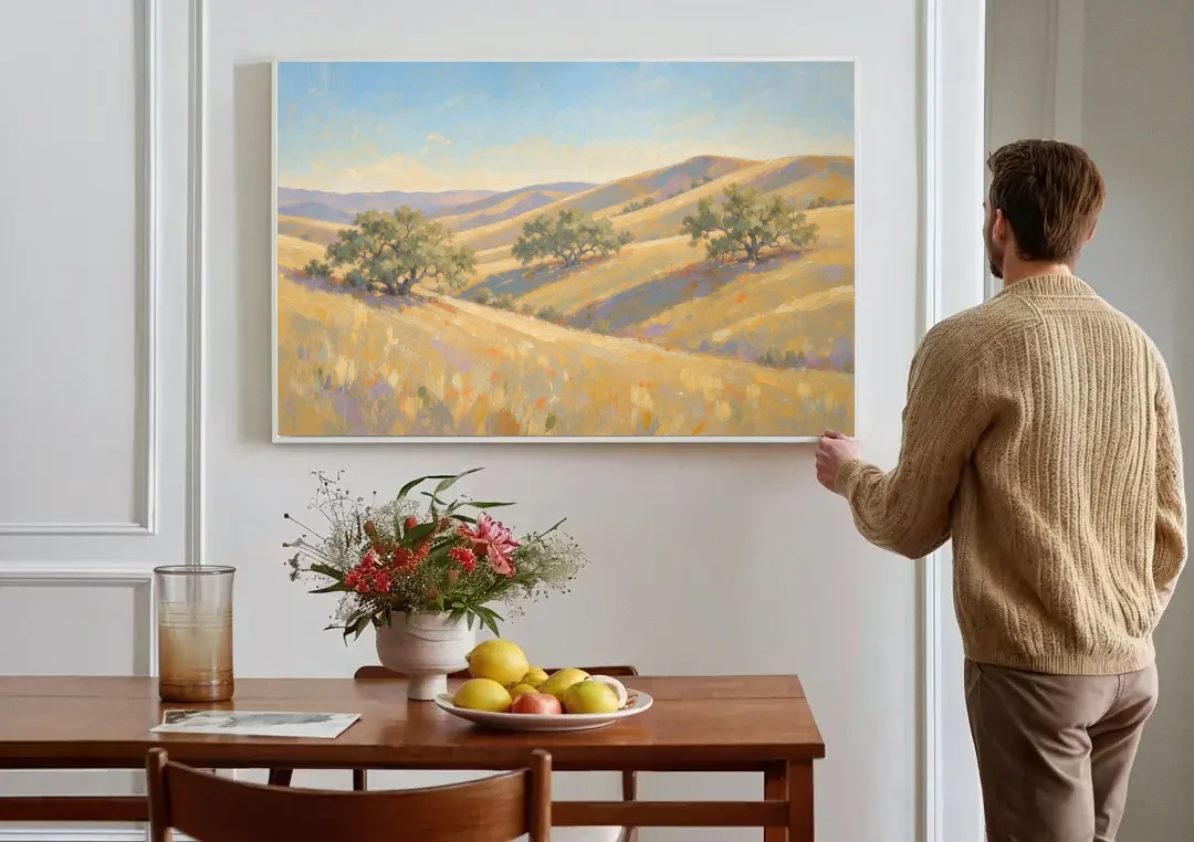 Impressionist Landscape Painting with Golden Oak Hills canvas wall art above a dining table
