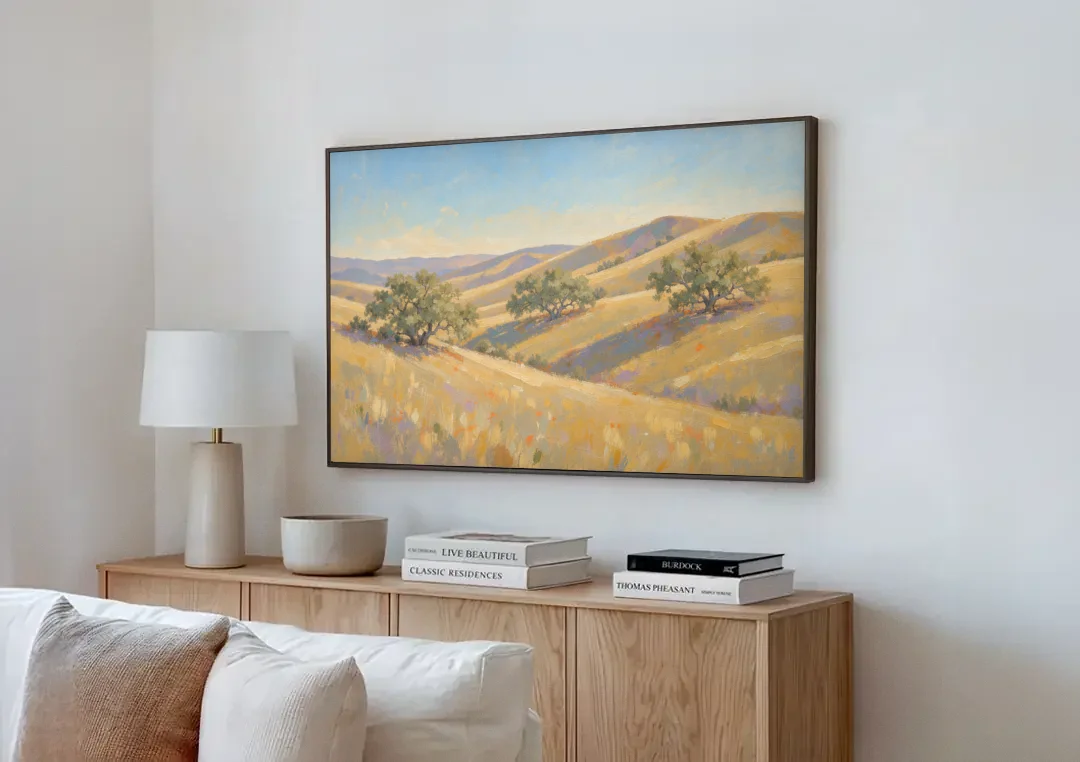 Impressionist Landscape Painting with Golden Oak Hills canvas wall art above a wooden sideboard next to a sofa