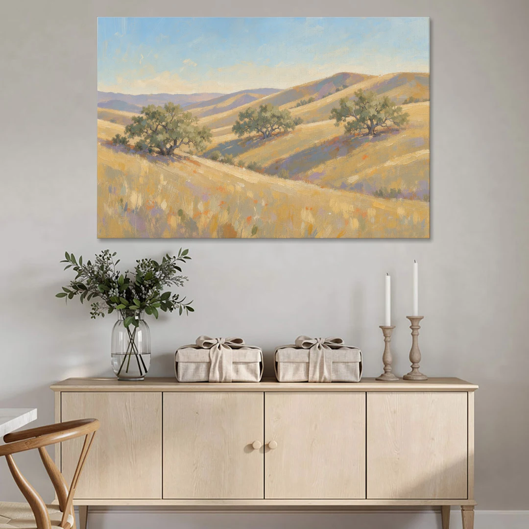 Impressionist Landscape Painting with Golden Oak Hills - Canvas Wall Art - Coffee Table - 60x40