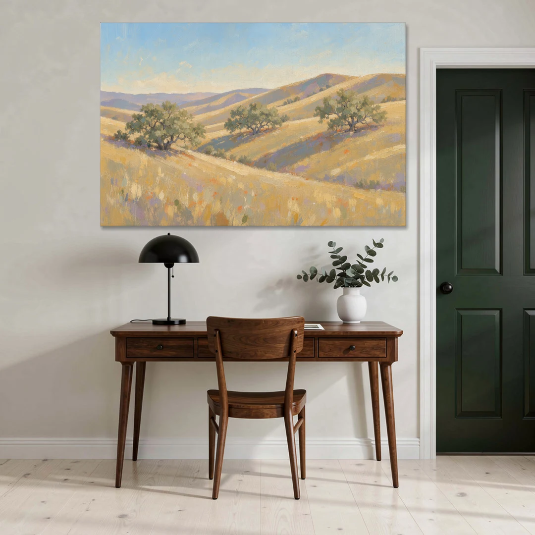 Impressionist Landscape Painting with Golden Oak Hills - Canvas Wall Art - Office - 60x40