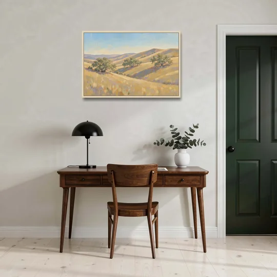 Impressionist Landscape Painting with Golden Oak Hills - Oak Framed Canvas Wall Art - Office - 36x24