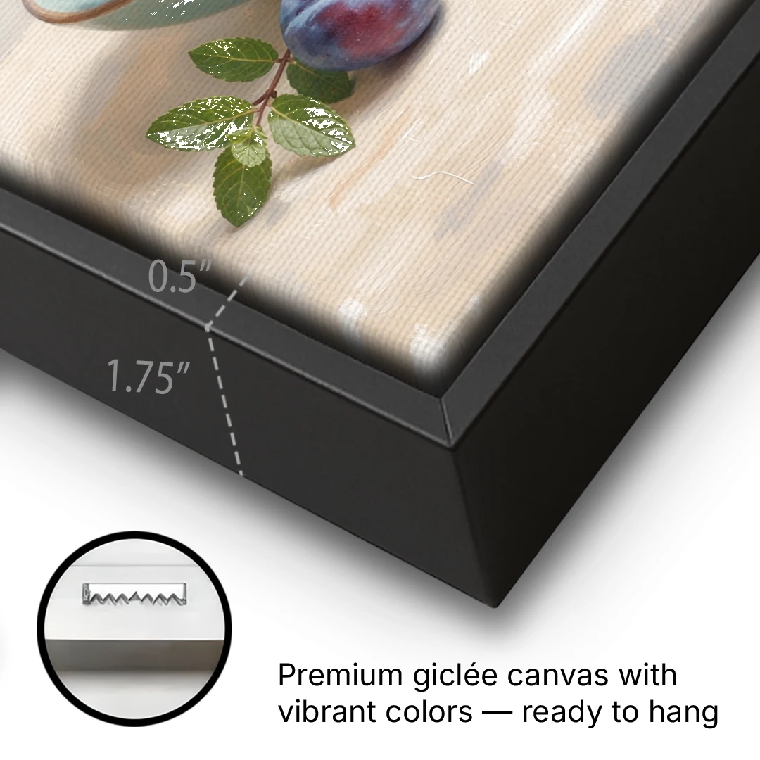 Impressionist Still Life Painting with Plums - Black Framed Canvas Wall Art - Gallery Wrap Corner