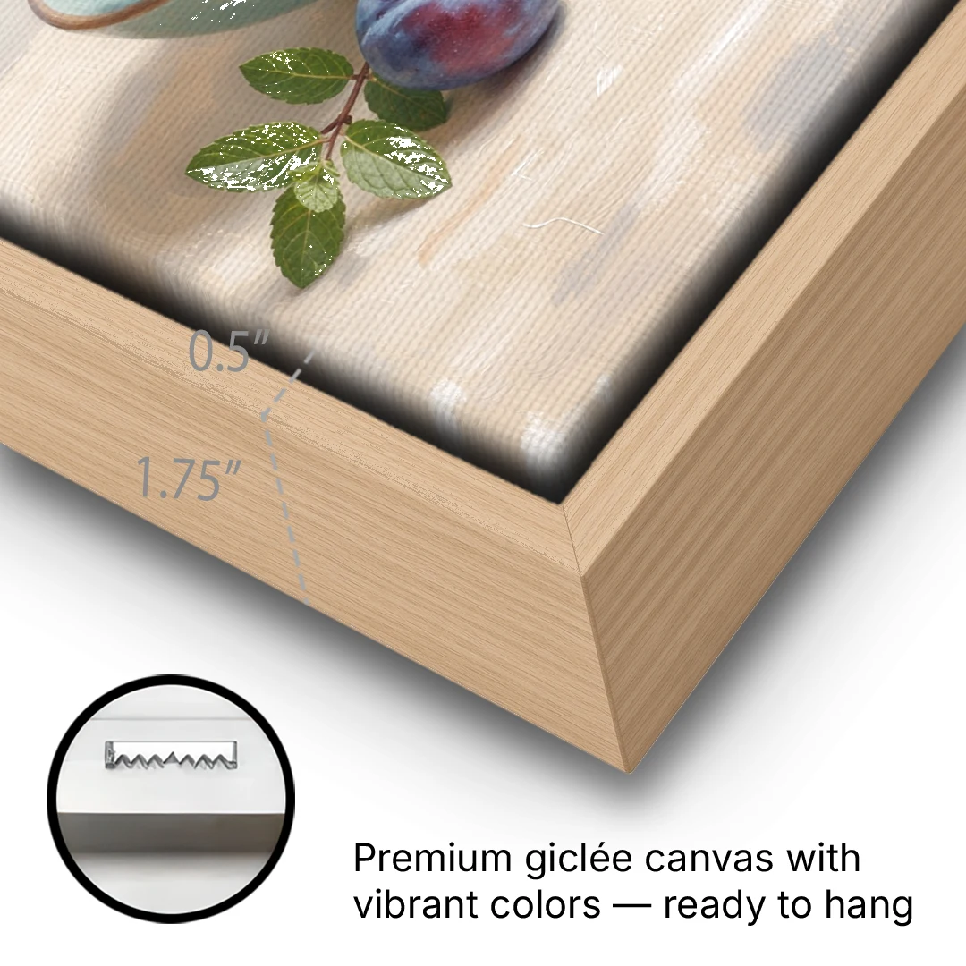 Impressionist Still Life Painting with Plums - Oak Framed Canvas Wall Art - Gallery Wrap Corner