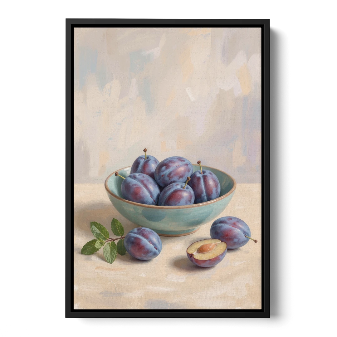 Impressionist Still Life Painting with Plums - Black Framed Canvas Wall Art - Front