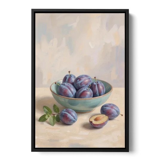 Impressionist Still Life Painting with Plums - Black Framed Canvas Wall Art - Front