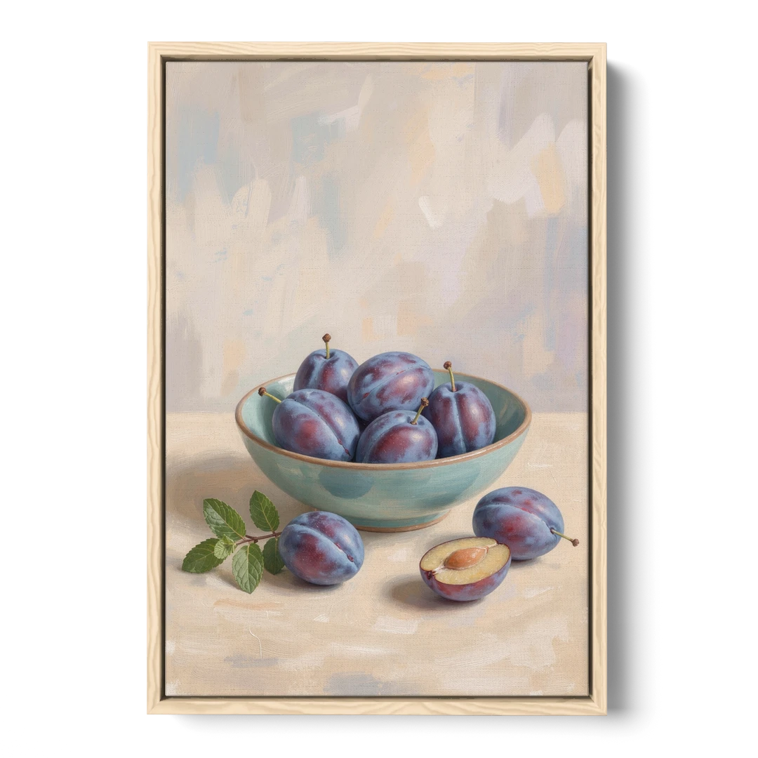 Impressionist Still Life Painting with Plums - Oak Framed Canvas Wall Art - Front