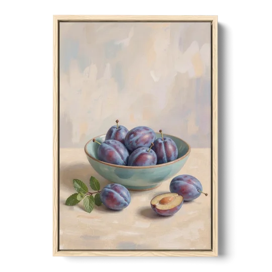 Impressionist Still Life Painting with Plums - Oak Framed Canvas Wall Art - Front